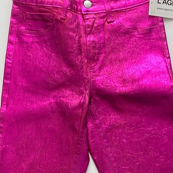 L'AGENCE Coated Foil Metallic Stretch High Rise Skinny Jeans Hot Pink 25 - Picture 5 of 15